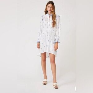 Suncoo Calais Dress embroidered white blue long sleeves mini